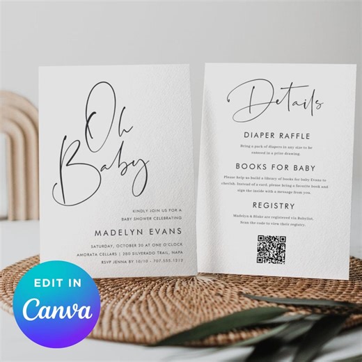 Oh Baby Shower Invitation Template | Simple Minimal Double Sided Details | Editable Canva Invite - Etsy
