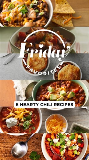 Whether you’re looking for a hearty game day meal or need some delicious recipes that will keep you warm this season, these chilis recipes are the perfect crowd-pleaser or weeknight dinner. Slow-Cooker Cheesy Chicken Enchilada Chili: https://bit.ly/4oNm6Vo Easy Black Bean Chili: https://bit.ly/3JANMOa Mini Chili Pot Pies: https://bit.ly/3Lp6wRf Turkey Chili: https://bit.ly/4nBHufg Slow Cooker Pulled Pork Chili: https://bit.ly/3JfApD4 Hearty Chicken Chili: https://bit.ly/4375aRi #Chili #HeartyRec