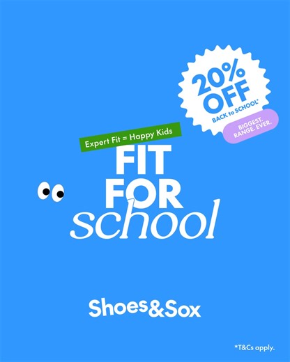 Your Back-to-School Shoes Checklist: ✅ Premium leather school shoes by Clarks & Harrison ✅ Extensive range of sport sneakers for every activity ✅ Cushioned comfort for everyday wear ✅ Half sizes & multiple widths ✅ Expert fitting for the perfect fit 💫 🛍️ Shop 20% Off School Shoes & Selected Sneakers Now! Ends 8/2/26. T&C apply. | Shoes & Sox