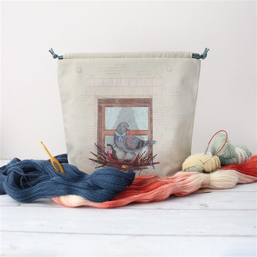 Pigeon Project Bag, Knitting Project Bag, Vegan Bag, Organic Cotton, Cross Body Bag, Crochet Bag, Drawstring Bag, Knitting Bag, Travel Bag - Etsy
