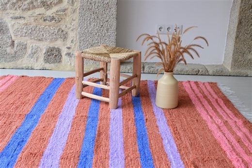 Large Terracotta, Pink and Blue Rug, Striped Rug, Bedroom Rug, Living Room Rug, Boho Rug, Area Rug, Rustic Rug, Farmhouse Decor - Etsy