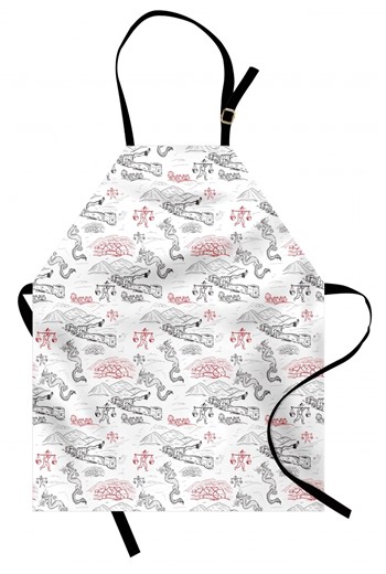 Ethnic Apron Great Wall of China Folk Motif with Authentic Dragons and Local Men Culture Print, Unisex Kitchen Bib Apron with Adjustable Neck for Cooking Baking Gardening, Dark Grey Red, by Ambesonne