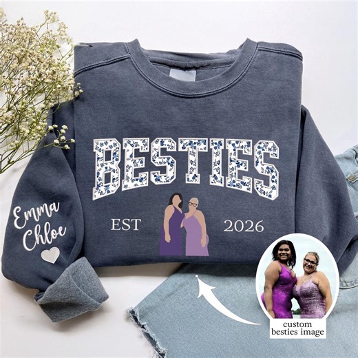 Personalized Besties Floral Embroidered Sweatshirt, Custom Photo Besties Sweater, BFF Outfit, Matching Friends Clothing Gifts - Etsy
