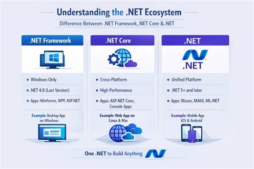 SRProSkillBridge on Instagram: "Understanding the difference between .NET Framework, .NET Core, and modern .NET is essential for every developer 🚀 This infographic breaks down: ✅ Platform support ✅ Performance ✅ Use cases ✅ Real-world examples Whether you're maintaining legacy apps or building modern cross-platform solutions, choosing the right .NET version matters. #DotNet #CSharp #SoftwareDevelopment #BackendDevelopment #WebDevelopment Programming TechCareers DeveloperCommunity"