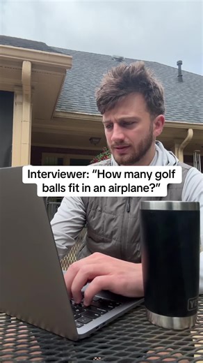 Zero points for the right answer. Full points for a clear process. Here’s the framework: 1. Clarify assumptions — “I’ll assume a 737 with the seats removed.” 2. Estimate the big number — Rough dimensions of the cabin. Length, width, height. Multiply for volume. 3. Estimate the small number — Golf ball is about 1.5 cubic inches. 4. Do simple math out loud — Divide cabin volume by golf ball volume. 5. Adjust for reality — Spheres don’t pack perfectly. Knock off 30%. That’s it. Structured thinking.