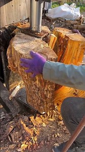 The process of splitting wood with a hydraulic axe - Good tools and machinery make work easy
