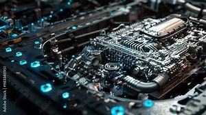 Clean and powerful eight cylinder car engine with its components connected and ready to deliver power. This modern engine has a beautiful futuristic design