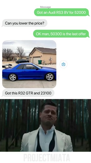 ProjectMiata on Instagram: "The RS3 is a modern sleeper — turbo 5-cylinder, insane grip. The R32 Skyline is a legend — AWD heritage, tuner icon. One is fast out of the box. The other is fast in the heart. Some deals hurt logic. They feed the soul. #fyp #fypppppppppppppp #cartok #carmeme #Audi #RS3 #Nissan #R32Skyline #JDM #CarCulture #WhyAmILikeThis #denzel #liriklagu #viralboy #yosho POV: Marketplace trades getting dangerous 😭💨 RS3. R32 Skyline. Modern AWD rocket vs JDM legend. Bad idea. Grea