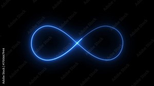 Glowing neon Blue Infinity symbol icon Animation on Black Background. infinity icon animation. Glowing infinity loop, neon energy flow in darkness. Eternity concept. Mathematical symbol of science.
