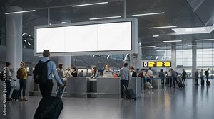 Airport check in counter with blank billboard