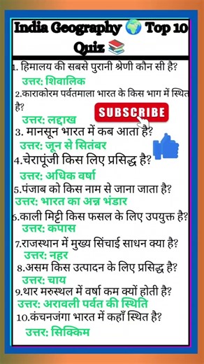 India Geography 🌍 Top 10 Quiz 📚||All Exam||Daily General Knowledge🌍📗#shorts #viral #gkquiz