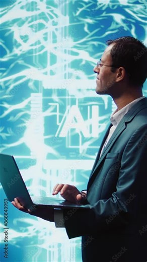 Vertical video Computer scientist using laptop to implement artificial intelligence parallel processing, breaking up complex computational tasks enabling AI systems to process more input data faster