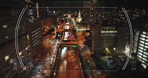 Electronic surveillance of traffic license plate by law enforcement. FBI and CIA chase criminal escapee in highway night car. Zoom in camera motion graphic illustration.