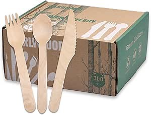 Disposable Wooden Cutlery Set 300 Pcs (100 Spoons, 100 Forks, 100 Knives) Compostable Tableware Natural Degradable Utensils for Parties, Events, Camping, Picnics, Birthdays