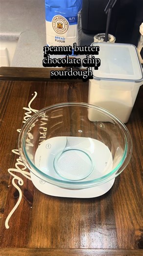 peanut butter chocolate chip sourdough recipe & instructions! 100 g active starter, 375 g warm water, 525 g bread flour, 10 g salt, 2/3 cup melted peanut butter, 2 ish cups semi-sweet chocolate chips. #sourdough #inclusionloaf #peanutbutter #foryoupage #fyp