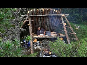 Building of a Bushcraft Shelter in the Mountains - overnight - cooking on fire