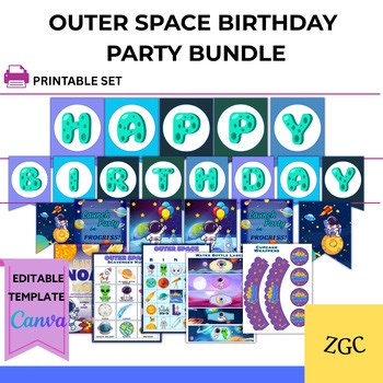 Editable Space Birthday Party Printables Bundle | Invitations Decorations Games