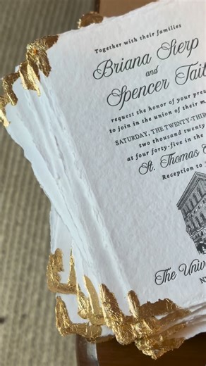 jennifer fitz designs | letterpress stationery on Instagram: "gold leaf, hand applied, corner by corner, on a letterpress invitation ✨ slow craft, timeless design for a NYC wedding. #letterpressinvitation #weddingstationery #bespokewedding #fineartstationery #goldleafart"