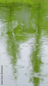 Raindrops fall on the river surface in spring, Green water ripples texture.