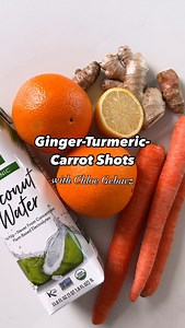 These refreshing, five-ingredient shots from @plolley offer the sweetness of carrots and coconut water, plus a touch of heat from fresh ginger. If your blender is big enough, easily double it for eight shots that will be ready and waiting for you in the fridge during the week. Ingredients · 1 pound carrots, very coarsely chopped · 1 (2 inch) piece fresh turmeric, peeled and coarsely chopped · 1 (2 inch) piece fresh ginger, peeled and coarsely chopped · ¾ cup unsweetened coconut water, divided · 