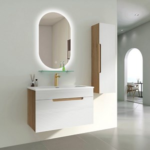 [Hot Item] Basic Drawer Model Wood Grain Grille LED Light Mirror Ceramic Basin Bathroom Cabinet Bathroom Vanity Set