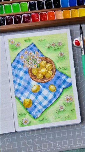 Easy Watercolor Picnic Painting 🍋🌼 | Lemon Basket Art Tutorial 🎨 #Shorts