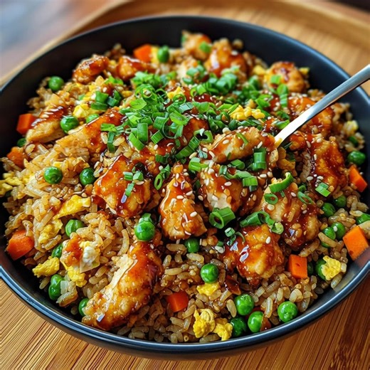 Bang Bang Chicken Fried Rice 🍗🌶️ Sweet, spicy, crispy chicken meets sizzling veggies and golden fried rice in one epic pan dinner! This dish brings all the flavor you crave — tender bites of chicken coated in creamy Bang Bang sauce, tossed with colorful veggies and perfectly fried rice. It’s fast, fiery, and guaranteed to become a weeknight favorite. Ingredients: 1½ pounds boneless, skinless chicken breasts, cut into 1-inch cubes 1 tablespoon vegetable oil 1 teaspoon paprika 1 teaspoon garlic 