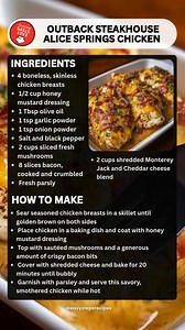 Outback Steakhouse Alice Springs Chicken 🍗🥓🍯 Ingredients For the chicken and marinade 4 boneless, skinless chicken breasts 1/2 cup honey mustard dressing 1 Tbsp olive oil 1 tsp garlic powder 1 tsp onion powder Salt and black pepper to taste For the toppings 2 cups sliced fresh mushrooms 8 slices bacon, cooked and crumbled 2 cups shredded Monterey Jack and Cheddar cheese blend Fresh parsley, chopped for garnish Serves: 4 Prep time: 15 minutes Cook time: 25 minutes How to Make Season the chicke