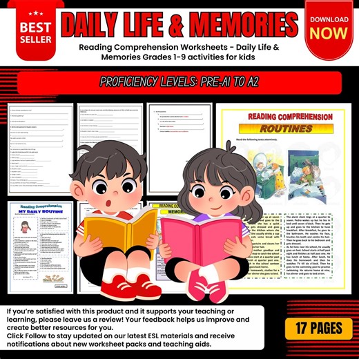 Reading Comprehension Worksheets - Daily Life & Memories Grades 1-9 Activities for Kids Printable Back to School and Homeschool Classroom - Etsy