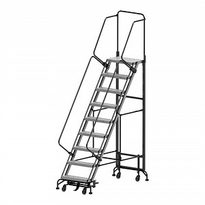 Ballymore Hybrid 9-Step Gray Steel All-Direction Rolling Safety Ladder with 24" Wide Aluminum Steps and 34" Wide Base HY-LA-093214P - 450 lb. Capacity