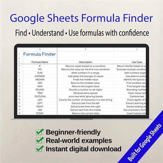 Google Sheets Formula Finder – Beginner-friendly Spreadsheet Guide With Real-world Examples - Etsy