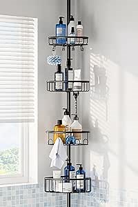 Corner Shower Caddy Tension Pole: Stainless Steel Rustproof 4-Tier Shower Organizer - 47-121 inch Adjustable Bathroom Shelves for Bathtub Shampoo Storage - Tension Rod Floor Standing Bath Rack - Black