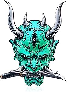 Samurai Ghost Emblem Decal Samurai Devil Death 3D Metal Car Emblem Sticker Japanese Warrior Demon Car Decals (Cyan)