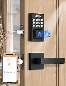 Keyless Entry Door Lock with 2 Lever Handles, Fingerprint Entry Door Handleset, Electronic Digital Keypad Deadbolt with App, Auto Lock & One Touch Locking, Front Smart Door Handle Sets, Black
