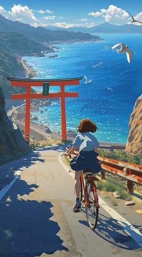 a young Japanese schoolgirl in uniform pedaling hard on a bicycle