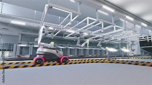 Product sorting plant. Loading autonomous delivery robots. 3D animation.