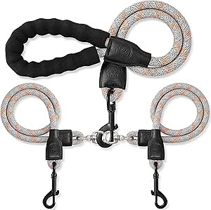 Double Dog Leash for Two Dogs - Detachable 360° Swivel, No Tangle Leash with Reflective Strips for Walking and Training Small Medium and Large Dogs, L/40-150ibs,Grey