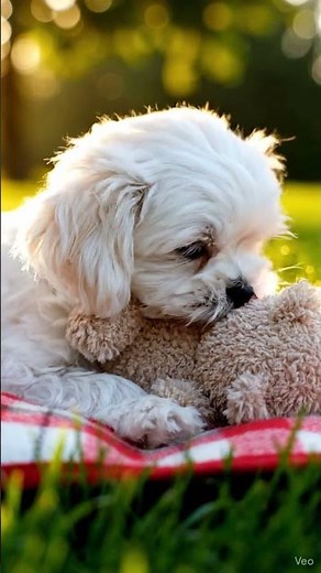 Maltese Puppy Cuddling a Plush Toy on a Picnic Mat #cute #adorably #petshorts #puppy #cuteanimals