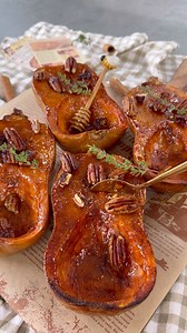 Roasted Caramelized Honeynut Squash with Candied Pecans and Thyme Ingredients: 2 honeynut squash 3 tbs butter, melted 2 tbs honey 1 tbs brown sugar 1 tsp vanilla bean paste/extract 1/2 tsp cinnamon 1/8 tsp nutmeg 1/2 cup raw pecans Thyme, for garnish Method:1. Preheat oven to 400 F;2. Wash, cut and de-seed your squash;3. Melt butter and mix with honey, brown sugar, vanilla, cinnamon, nutmeg and brush squash;4. Roast for about 40 mins as you brush more butter mixture once half way through;5. To m