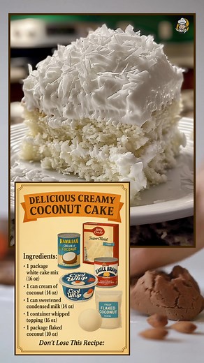 🥥 My aunt made this Coconut Cake every summer — and I finally got the recipe! It’s cold, creamy, and GONE in minutes. 😋 📌 𝗗𝗼𝗻’𝘁 𝗟𝗼𝘀𝗲 𝗧𝗵𝗶𝘀 𝗥𝗲𝗰𝗶𝗽𝗲: 1️⃣ Bake cake in 9x13 pan, let cool. 2️⃣ Mix coconut cream condensed milk. 3️⃣ Poke holes in cake, pour mix on top. 4️⃣ Frost with whipped topping, add coconut. 5️⃣ Chill 2–4 hours before serving. 🍦 Serve cold with a scoop of vanilla ice cream or toasted coconut for crunch! #Coconut #EasyDesserts #RecipeOfTheDay | Easy Family Reci