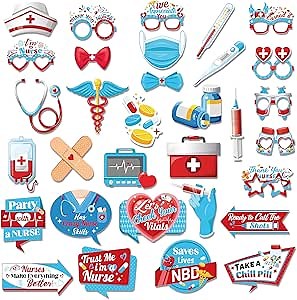 Qpout 32pcs Nurse Appreciation Week Party Photo Booth Props Novelty Thank You Nurses Selfie Props 2024 Medical Party Decorations Nursing Party Decor Nurse School Graduation Party Supplies