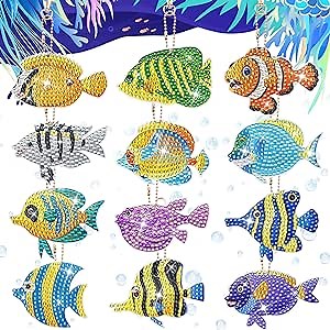 12 Pieces Fish Diamond Painting Keychains Ocean Diamond Art Key Rings Double Sided 5D Full Drill Diamond Keychains Fish Shaped Hanging Ornaments for DIY Crafts Under the Sea Party Home Decor