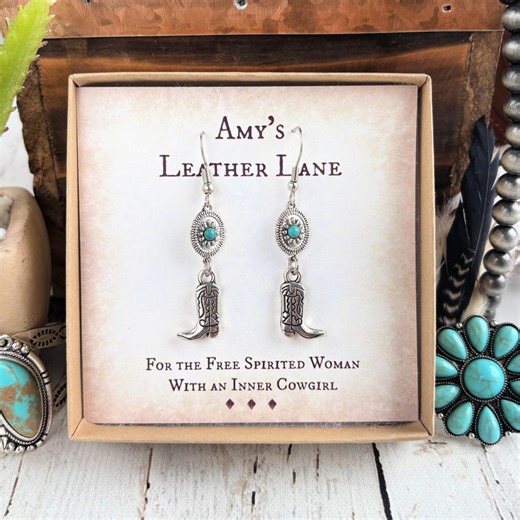 Cowgirl Boot Earrings-silver Alloy Boot Dangle Earrings With Faux Turquoise-western Jewelry- Stainless Steel Hooks - Etsy