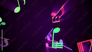 Abstract Background Loop With Notes, Clefs and Other Musical Staff Symbols Flying in Colorful Light Rays for Your Intro, Concert, Show, Portfolio, Screen Saver, Awards, Party, Musical Note Symbols 4K