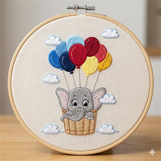 Baby Elephant on Air Balloons Embroidery Design, Air Balloons Elephant Hand Embroidery Pattern, Animal Embroidery Design PDF Download - Etsy