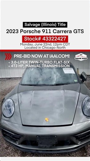 ⁉️😮 Is this 2023 Porsche 911 Carrera GTS your next rebuild? Bid now at iaai.com