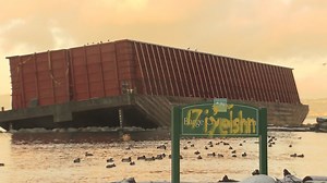The sign at 'Barge Chilling Beach' has been vandalized - it was put up by the Vancouver Park Board after a barge washed up on Sunset Beach during a storm in November. https://vancouver.citynews.ca/2022/01/04/bc-gym-defying-public-health-orders/ | CityNews Vancouver