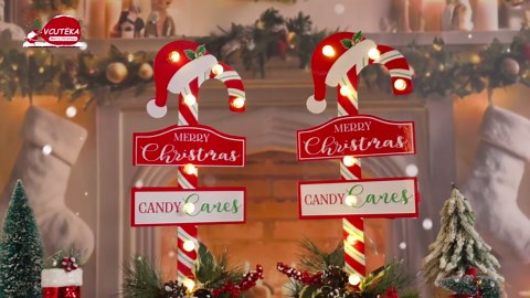 Metal Merry Christmas Sign with LED Light Battery Operated with Timer Christmas Signs with Base Xmas Holiday Decorations table Indoor Display Decor Candy Cane Small