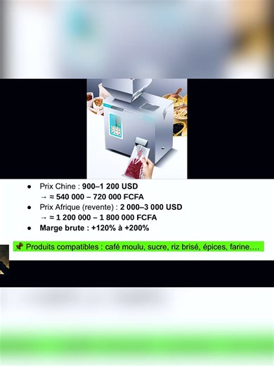 Machine d’emballage 3 côtés. Une machine idéale pour emballer n’importe quel produit : riz, sucre, noix de cajou, etc. En Afrique, ça se vend très cher. Mais avec mes fournisseurs en Chine, tu peux l’avoir à un prix approximativement réduit pour faire tes marges et gagner gros. Je t’en parle dans cette vidéo et je te montre la stratégie idéale.