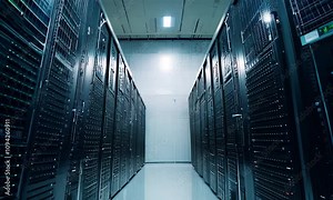Exploring a high-tech data center filled with rows of server racks during a late-night operation